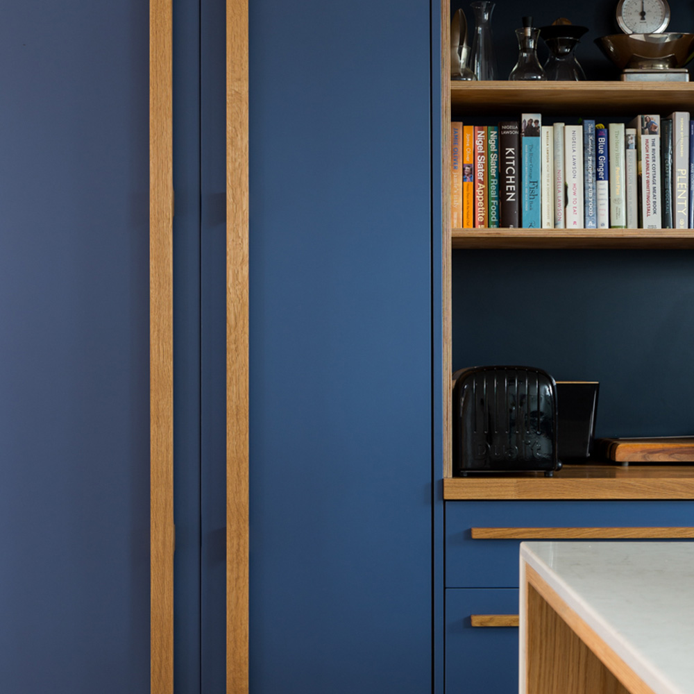 Surrey Malthouse Modern Blue Kitchen With Island Seating Naked Kitchens