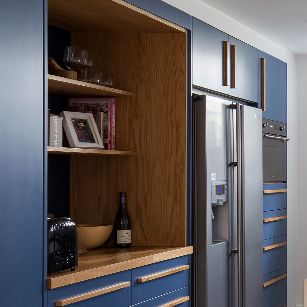 Surrey Malthouse Modern Blue Kitchen With Island Seating Naked Kitchens