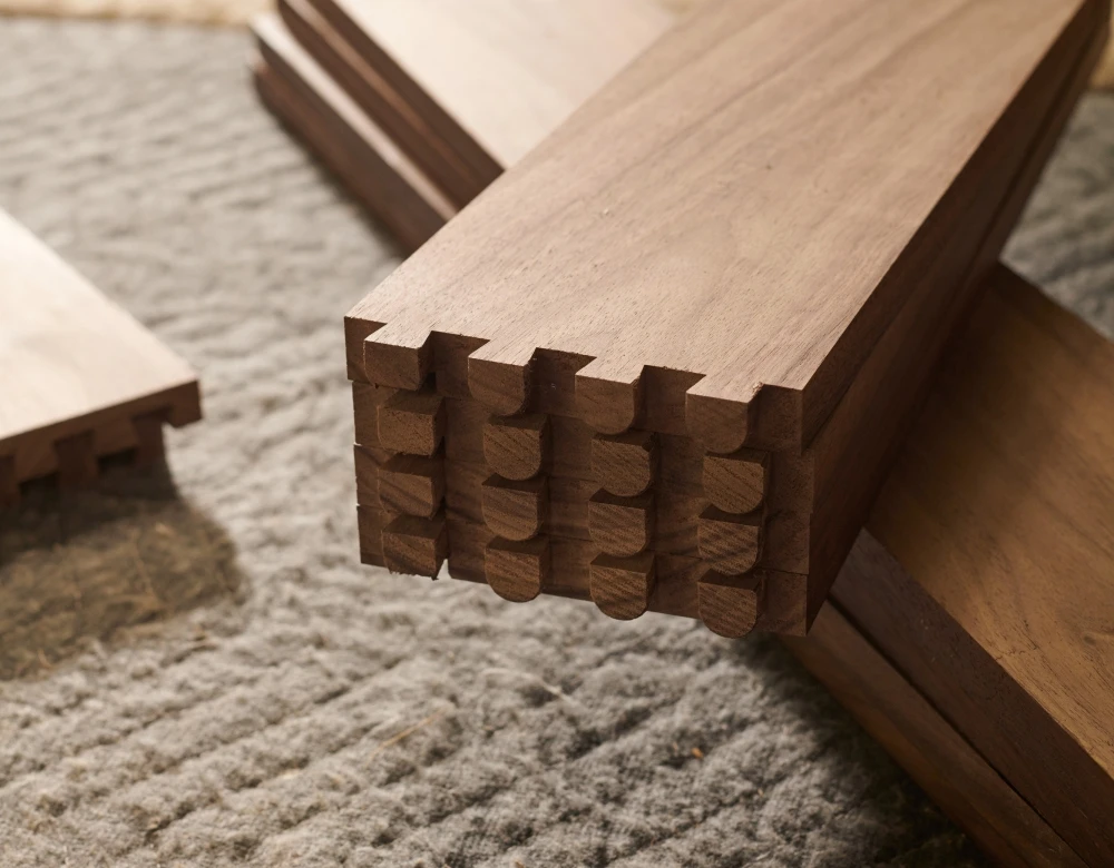 Close-up of interlocking wooden planks with dovetail joints placed on a textured surface. Warm lighting highlights the wood grain, showcasing precise craftsmanship.