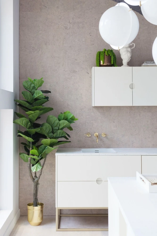 Bright coloured bathroom cabinet with small tree in the corner