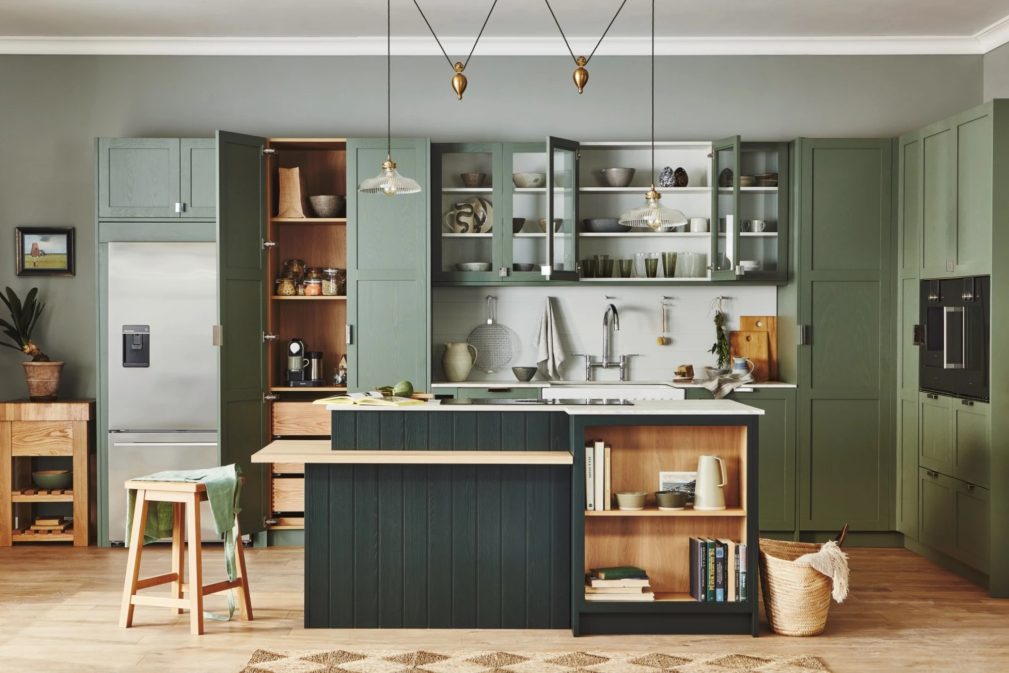 A panoramic perspective of the kitchen's overall design, showcasing the seamless blend of traditional shaker style and modern elements. The kitchen's vibrant color palette, coupled with its sleek cabinetry and sophisticated appliances, creates a captivating and functional space.