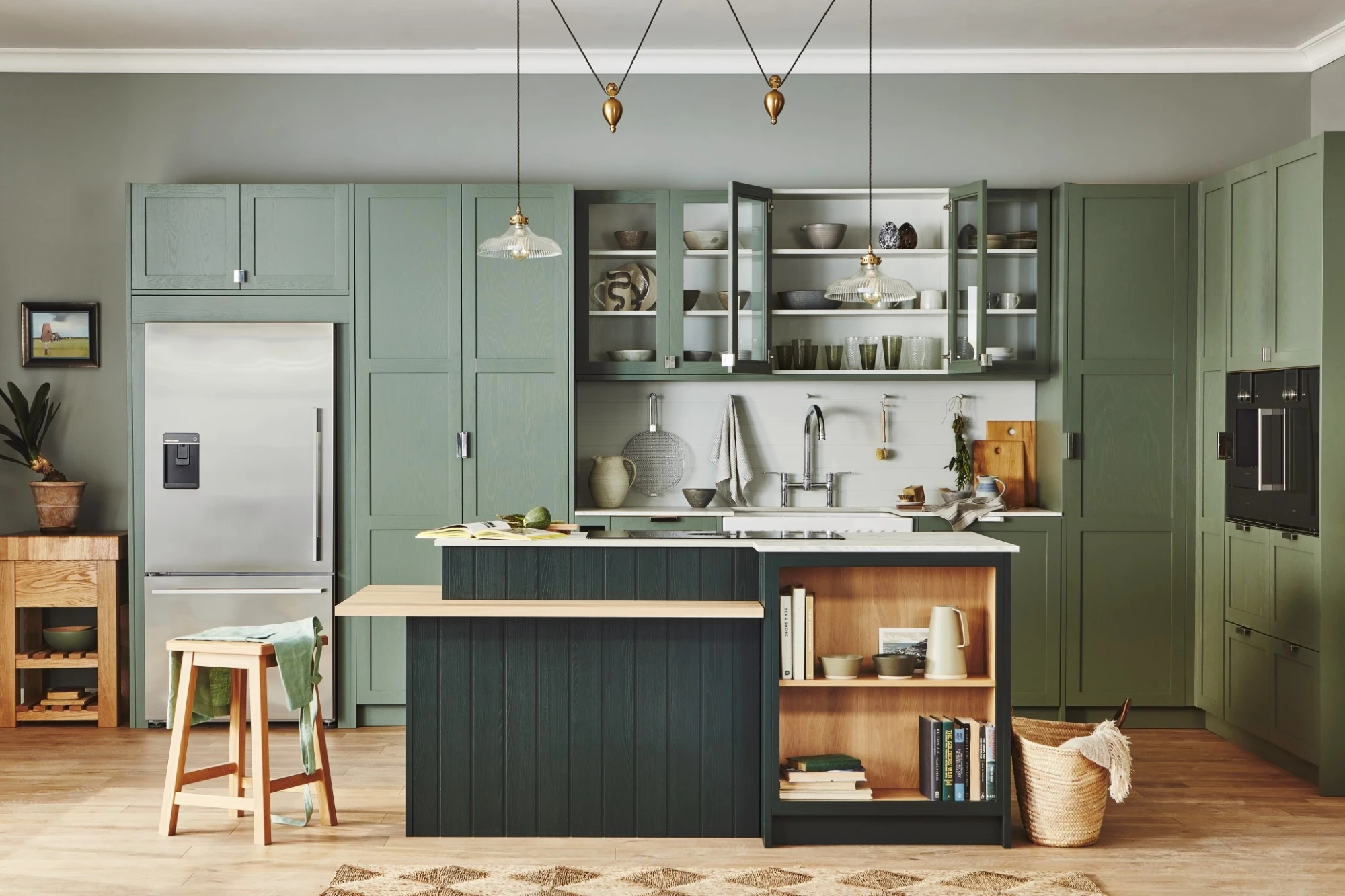 A panoramic perspective of the kitchen's overall design, showcasing the seamless blend of traditional shaker style and modern elements. The kitchen's vibrant color palette, coupled with its sleek cabinetry and sophisticated appliances, creates a captivating and functional space.