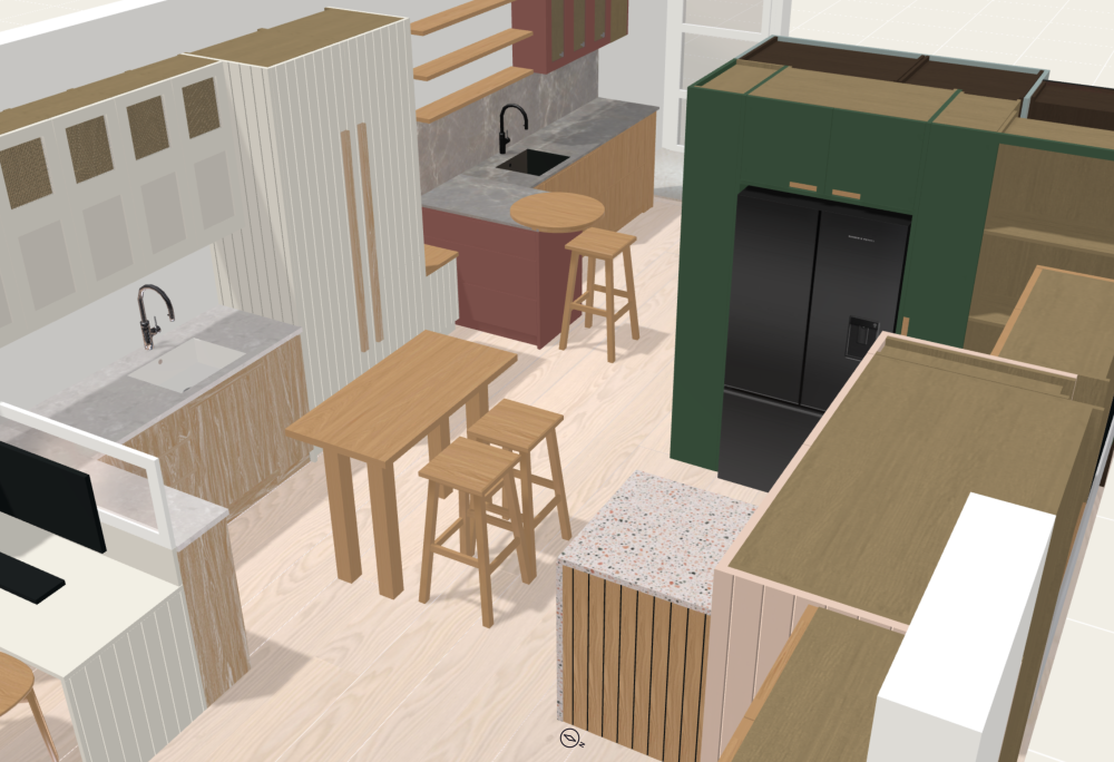 A 3D rendering of a modern kitchen with a mix of wood and green cabinetry. Features include a center island with bar stools, black refrigerator, marble countertops, and multiple sinks. Light wooden flooring completes the look.